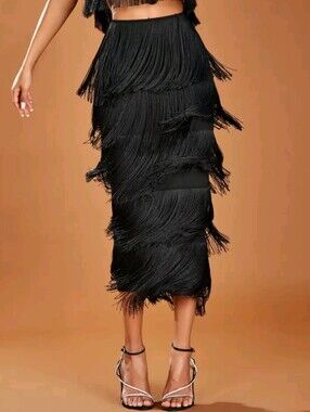 High Waist Fringe Trim Skirt,Ladies Party Fringe,Tiered Layer